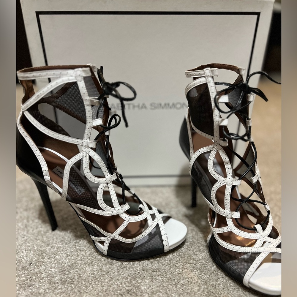 Tabitha Simmons white black mesh sandals 8.5
